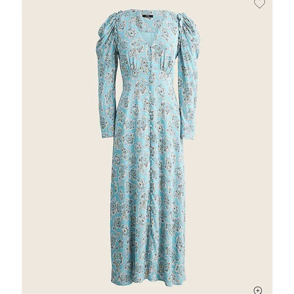 NWT J Crew Drapey Puff Sleeve Midi Dress in Paisley Bunch‎ Blue size 2